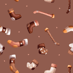 Seamless vector pattern consisting of cute winter warm socks with different styles and prints. Brown background.