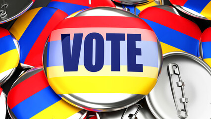 Armenia and Vote - dozens of pinback buttons with a flag of Armenia and a word Vote. 3d render symbolizing upcoming Vote in this country., 3d illustration