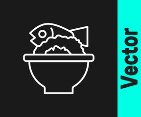 White line Served fish on a bowl icon isolated on black background. Vector