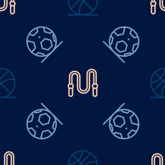Set line Basketball ball, Soccer football and Jump rope on seamless pattern. Vector