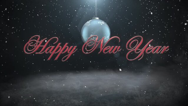 Happy New Year with silver balls and snowflakes on black background, motion holidays and winter style background for New Year and Merry Christmas