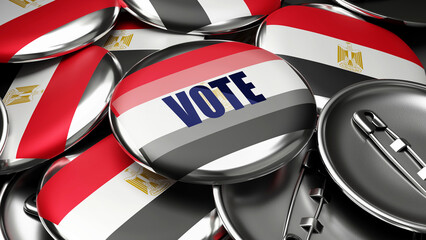 Vote in Egypt - national flag of Egypt on dozens of pinback buttons symbolizing upcoming Vote in this country. , 3d illustration
