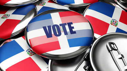 Vote in Dominican Republic - national flag of Dominican Republic on dozens of pinback buttons symbolizing upcoming Vote in this country. , 3d illustration