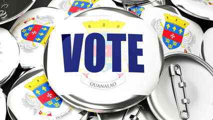 Saint Barthelemy and Vote - dozens of pinback buttons with a flag of Saint Barthelemy and a word Vote. 3d render symbolizing upcoming Vote in this country., 3d illustration