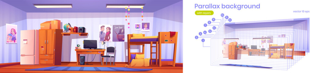 Parallax background hostel or student dormitory, living room 2d interior, apartment with bunk bed, refrigerator, wardrobe, desk with pc with separated layers for game animation, Vector illustration