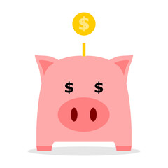 Pink pig piggy bank saving with golden dollar coin cartoon character flat vector icon design.