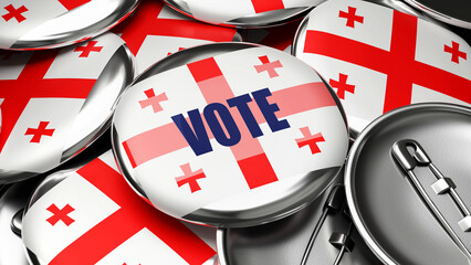 Vote in Georgia - national flag of Georgia on dozens of pinback buttons symbolizing upcoming Vote in this country. , 3d illustration