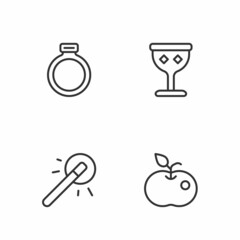 Set line Poison apple, Magic wand, stone ring and Medieval goblet icon. Vector