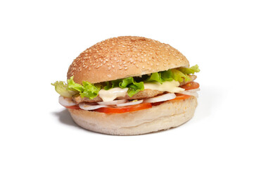 Fresh tasty burger with turkey, cheese and sesame seed bun isolated on white background