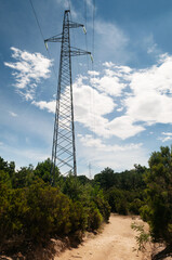 Overhead electrical power line next to dirt road with lush shrubs and pine trees in mediterranean region on island Rab in Croatia, blue sky with clouds in background