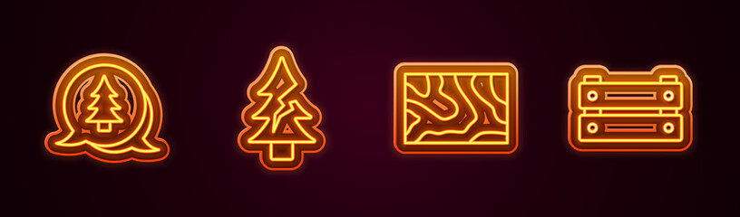 Set line Tree, Wooden beam and box. Glowing neon icon. Vector