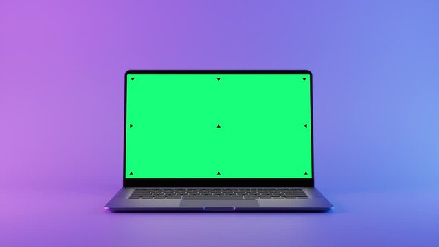 Mockup Shot of Laptop Computer with Green Screen in Blue and Purple Environment. 3D Animation. Screen has Tracking Markers