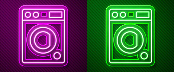 Glowing neon line Washer icon isolated on purple and green background. Washing machine icon. Clothes washer - laundry machine. Home appliance symbol. Vector