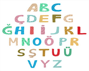 Alphabet in Turkish for a child. Set. ABC. Translation: Letters of the alphabet from A to Z. Design for typography, banners, cards and more. Flat vector style.