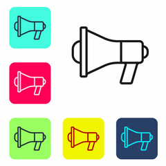 Black line Megaphone icon isolated on white background. Speaker sign. Set icons in color square buttons. Vector