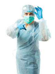 a nurse in sterile disposable clothes and a mask carefully looks at us and points a finger at the camera, raised glasses to her eyes. the doctor is not satisfied, frowns. isolated