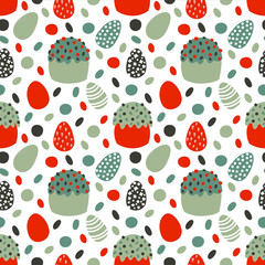 Easter seamless pattern with eggs and cakes, vector illustration, white background