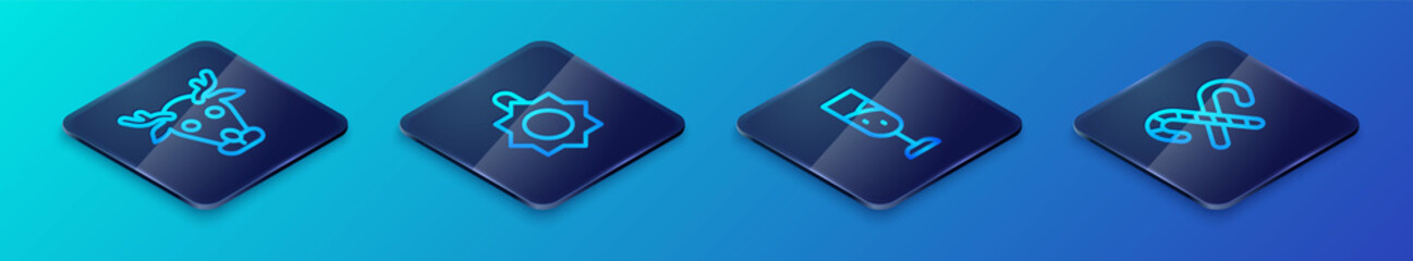 Set Isometric line Glass of champagne, Reindeer, Candy cane with stripes and Christmas toy icon. Vector