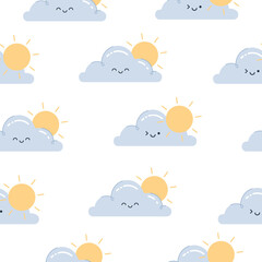Seamless vector weather pattern with clouds  with cute, funny faces.Childish colored vector illustration in flat cartoon style for fabric, textile,packaging and print.