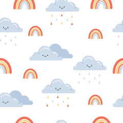 Seamless vector weather pattern with clouds, rain, rainbow with funny, cute faces.Childish colored vector illustration in flat cartoon style for fabric, textile,packaging and print.