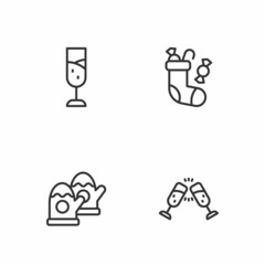 Set line Glass of champagne, Christmas mittens, and stocking icon. Vector