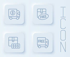 Set line Armored truck, Cardboard box with free symbol, Item price tag dollar and Free delivery service. White square button. Vector