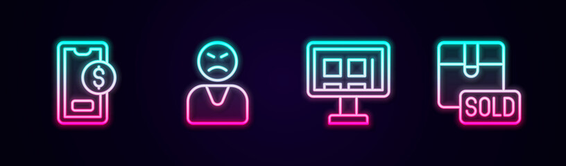 Set line Mobile with dollar, Angry customer, Online shopping on screen and Sold. Glowing neon icon. Vector