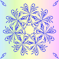 Fototapeta premium A symmetrical pattern of abstract shapes creates an ornament in the form of a beautiful blue flower. Ornament on a gradient background.