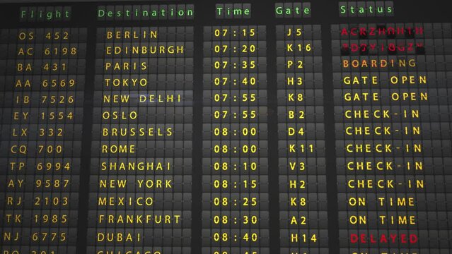 Information board of the airport with a schedule of departing flights to the cities of the world. The flight status changes to Cancelled. Bad weather conditions, threats of terrorism or accidents