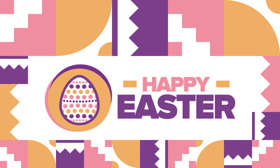 Happy Easter in April. Christian spring holiday in honor of the resurrection of Christ. Biblical history. Traditional dyeing eggs with patterns, fun game for children searching for easter eggs. Vector