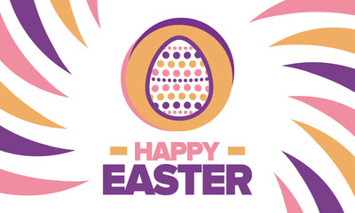 Happy Easter in April. Christian spring holiday in honor of the resurrection of Christ. Biblical history. Traditional dyeing eggs with patterns, fun game for children searching for easter eggs. Vector