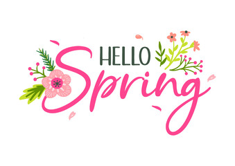 Hello Spring handrawn lettering / typography / text with cute floral / flower.