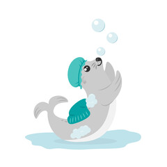 Cute smiling baby fur seal in shower cap playing with bubbles in bathroom. Concept of personal hygiene and health for kids. Flat design vector illustration