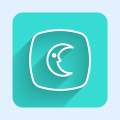 White line Moon and stars icon isolated with long shadow background. Cloudy night sign. Sleep dreams symbol. Full moon. Night or bed time sign. Green square button. Vector