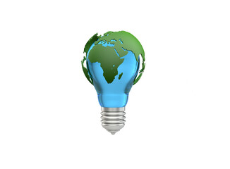 3d planet Earth in an electric light bulb isolated on empty white background. Ecology, electricity, environmental conservation, renewable energy resources concept