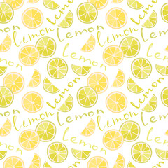 Vector seamless pattern of citruses, lime slices, oranges, lemons. Abstract background, wallpaper. Natural organic food illustration, juicy fruits. Pattern of lemon icons and inscriptions, text