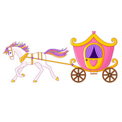 A beautiful unicorn is driving a pink carriage for a princess