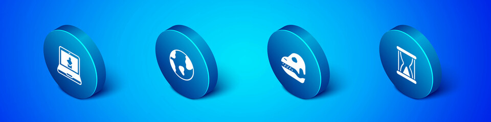 Set Isometric Online museum, Dinosaur skull, Old hourglass with sand and Earth globe icon. Vector