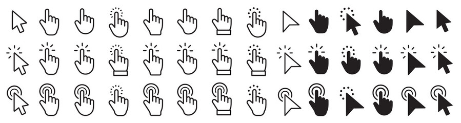 Obraz premium Pointer cursor сomputer mouse icon. Clicking cursor, pointing hand clicks icons. Computer mouse click cursor collection. Click cursor - stock vector.
