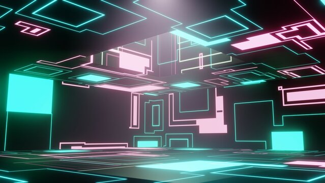3D Render. Abstract interior sci-fi spaceship corridor with blue neon glowing tube lights reflections