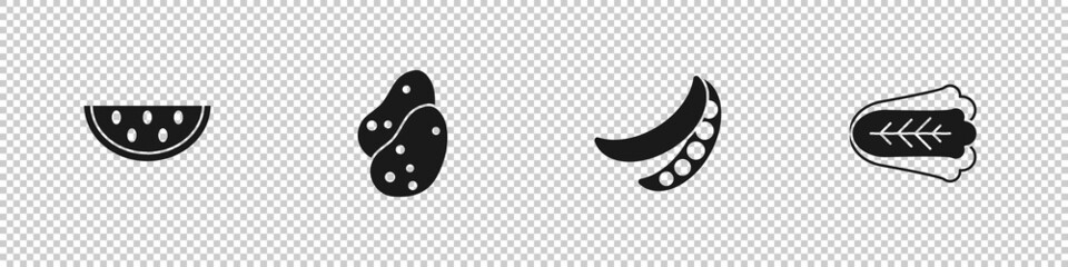 Set Watermelon, Potato, Green peas and Cabbage icon. Vector