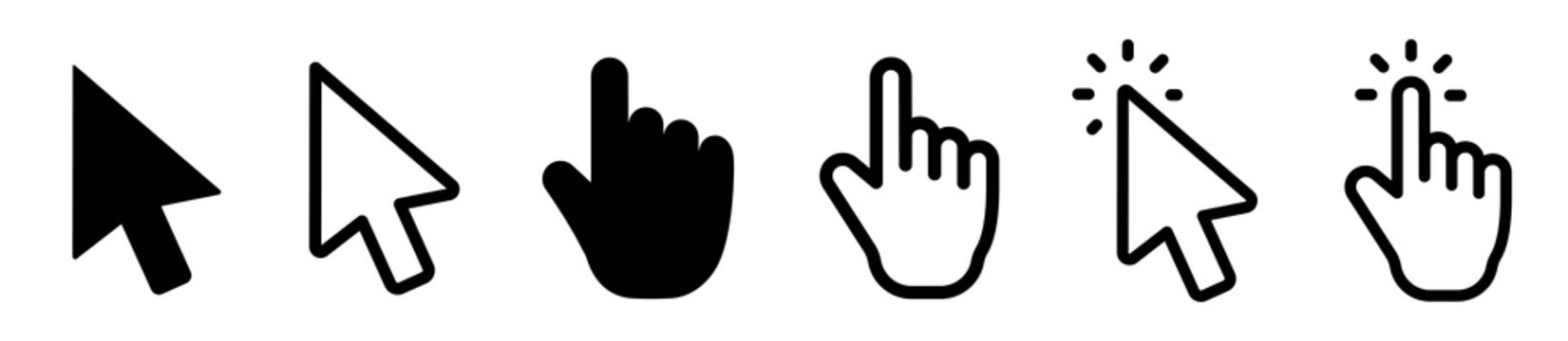 Pointer cursor ?omputer mouse icon. Clicking cursor, pointing hand clicks icons. Computer mouse click cursor collection. Click cursor - stock vector.
