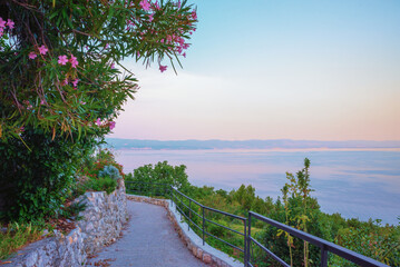 beautiful walkway from mountain village moscenice to moscenicka draga, with view to adriatic ocean, croatia