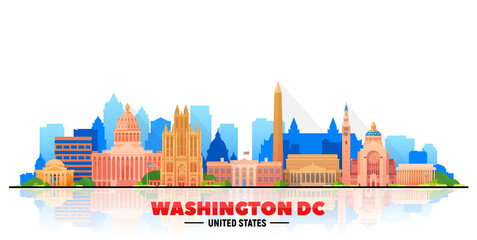 Naklejka premium Washington DC, (USA) city skyline vector illustration on sky background.Business travel and tourism concept with modern buildings. Image for presentation, banner, website. 