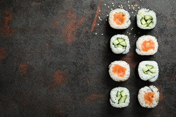 Concept of tasty food with sushi rolls, space for text