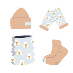 Fototapeta premium Set of hat, mittens, socks and scarf. Winter warm set of accessories. Flat vector illustration