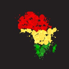 Silhouette of Africa, Madagascar jamaican colors of watercolor splashes on black background.