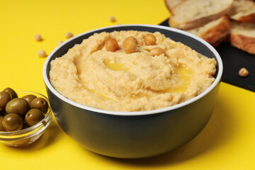 Concept of tasty food with hummus, close up