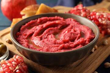 Concept of tasty food with beet hummus, close up