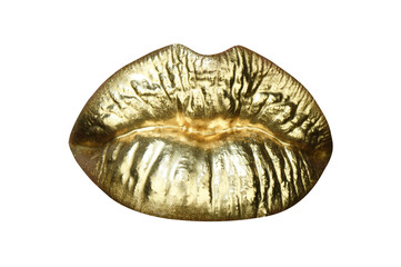 Golden lipstick on lips, female gold mouth. Imprint lips. Luxury cosmetics for women.